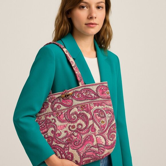 Vera Bradley Pink Paisley Quilted Tote Bag with Toggle Closure – Early 2000s - Picture 7 of 7